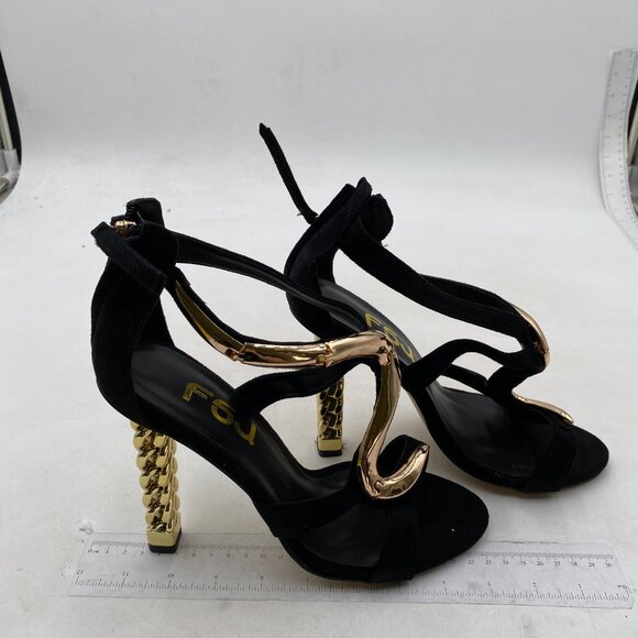 FSJ Gold S Gold Metal Chain Chunky High Heels Ankle Strap Sandals Open Toe Shoes - Picture 4 of 8